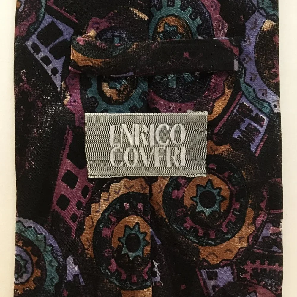 Enrico Coveri Tie Hand Made Mens Purple Teal Green Blue Gold 100% Silk Abstract